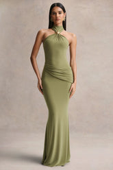 Polina | Olive High-Neck Maxi Dress With Drape And Gold-Detail