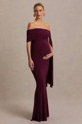 Aquila | Burgundy Bardot Maternity Maxi Dress With Draped Detail