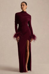 Gatsby | Burgundy High-Neck Maxi Dress With Feather Trim Cuffs