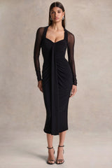 Rosetta | Black Sweetheart-Neck Midi Dress With Sheer-Sleeves