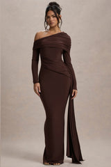 Valina | Brown Ruched Asymmetric Maxi Dress With Drape