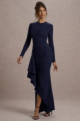 Alayna | Navy Long-Sleeve Maxi Dress With Ruffled Split