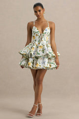 Flavia | White Botanical Print Plunge-Neck Ruffled Skater Micro-Mini Dress