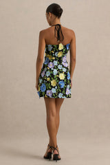 Aisha | Black Floral Embellished Square-Neck Mini Dress