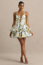Flavia | White Botanical Print Plunge-Neck Ruffled Skater Micro-Mini Dress