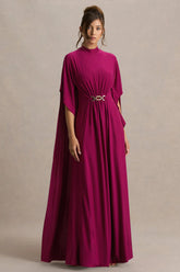 Olessia | Burgundy Belted Gathered Cape-Sleeve Maxi Dress
