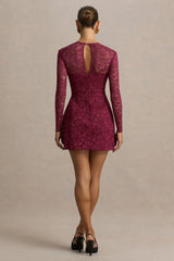 Bijou | Burgundy Square-Neck Lace Long-Sleeve Mini Dress