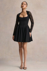 Elowen | Black Square-Neck Mini Dress With Lace-Sleeves