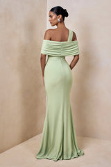 Nala | Mint Asymmetric-Neck Maxi Dress With Gathered Detailing