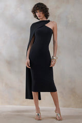 Misoria | Black High-Neck Midi-Dress With Cape-Sleeve