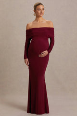 Odessa | Berry Bardot-Neck Maternity Maxi Dress