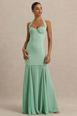 Kirby | Sage Corset Halter-Neck Maxi Dress With Sheer Detail