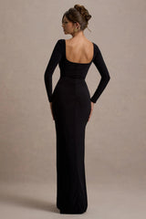 My Pleasure | Black Square Neck Ruched Maxi Dress