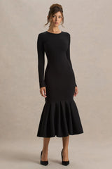 Liberty | Black High Neck Mermaid Midi Dress With Ruffling Detail