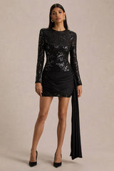 Florecita | Black Embellished Lace Crew-Neck Mini Dress With Sash Detail