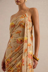 Floral Mesh Asymmetric-Neck Maxi Dress With Sash Detail