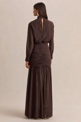 Zella | Brown High-Neck Maxi Dress With Sheer-Skirt