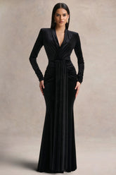 Halima | Black Velvet Plunge-Neck Maxi Dress With Gathered Detailing