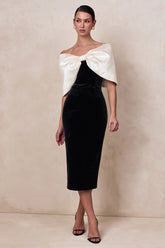 Twilight | Black And White Velvet Bardot-Neck Midi Dress With Oversized Satin Bow