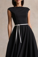 Nataline | Black Round-Neck Midi Dress With White Belt-Detail