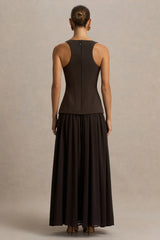 Kelly | Brown Scoop-Neck Maxi Dress With Pleated Mesh Skirt