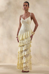 Avelisse | Lemon Lace Plunge-Neck Maxi Dress With Ruffled Detailing