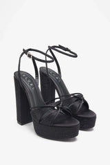 Crystal Cut | Black Strappy Heeled Platform Sandals With Diamante Buckles