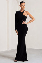 Tyra | Black Asymmetric Neck Cut Out Maxi Dress With Open Back Detail