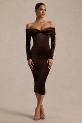 Compliment | Brown Velvet Bardot Midi Dress
