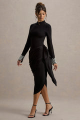 Luanna | Black Satin Long-Sleeve Midi Dress With Draped Skirt And Embellised Cuffs
