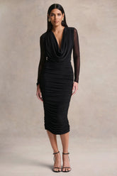 Griselda | Black Plunge-Neck Midi Dress With Sheer Long-Sleeves