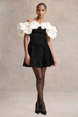 Brynne | Black & Cream Velvet Mini Dress With Satin Puff Sleeves