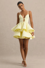 Flavia | Lemon Plunge-Neck Ruffled Skater Micro-Mini Dress