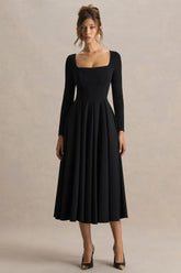 Alison | Black Square-Neck A-Line Midi Dress