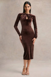 Francine | Brown Velvet Round-Neck Midi Dress With Cut-Out Details