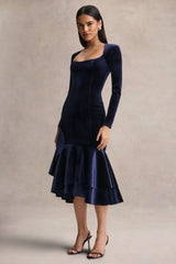 Emberlyn | Navy Velvet Scoop-Neck Fishtail Midi Dress