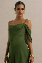Tiara | Green Asymmetric Midi Dress With Draping Detailing and Open-Back