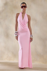 Rosina | Pink Halter-Neck Draped Maxi Dress With Sash