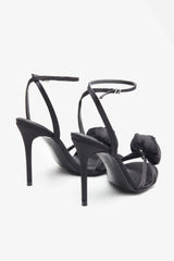 Sweet Step | Black Satin Strappy Heeled Sandals With Flowers