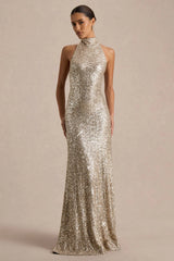 Tulia | Champagne Sequin High-Neck Maxi Dress