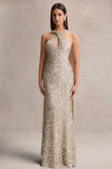 Renelle | Gold Sequin Halter-Neck Maxi Dress
