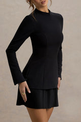Athena | Black Long-Sleeve Mini Dress With Pleated Hem