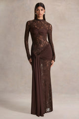 Akira | Brown Lace Maxi Dress With Sash-Detail