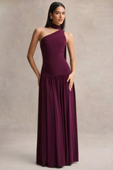 Freesia | Plum Asymmetric-Neck Maxi Dress With Scarf-Detail