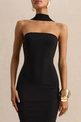 Amariah | Black Bandeau Midi Dress With Scarf-Detail