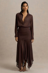 Kris | Brown Plunge-Neck Maxi Dress With Ruched Detailing