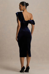 High End | Navy Velvet Asymmetric-Neck Midi Dress With Draped Detailing