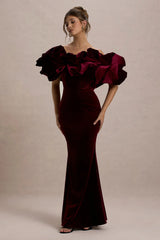 Cecily | Port Velvet Bardot Maxi Dress With Velvet Ruffle Trim