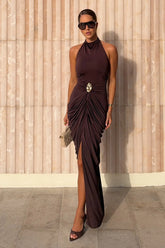 Horizon | Brown High-Neck Maxi Dress With Draped Detailing