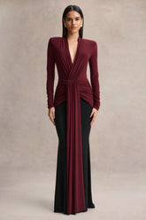 Halston | Burgundy And Black Plunge-Neck Maxi Dress With Gathered-Detailing